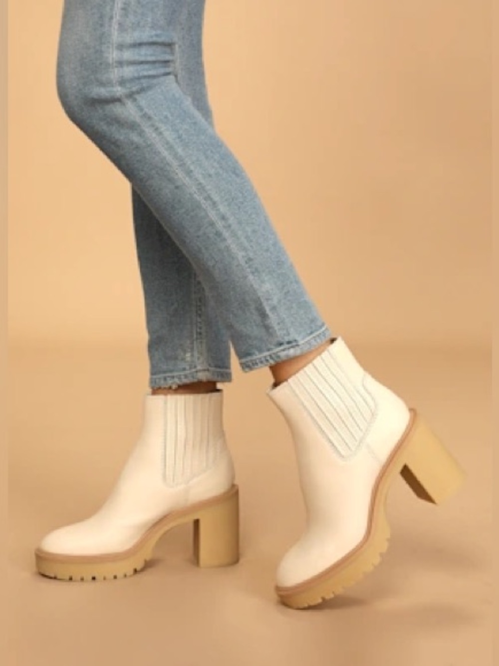 Dolce Vita Cream Leather Platform Chelsea Heeled Ankle Boots